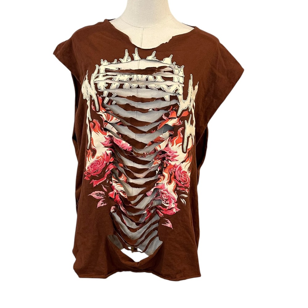 Distressed Brown Graphic Muscle Tee Shredded Rose Flame Punk Grunge Tank Top